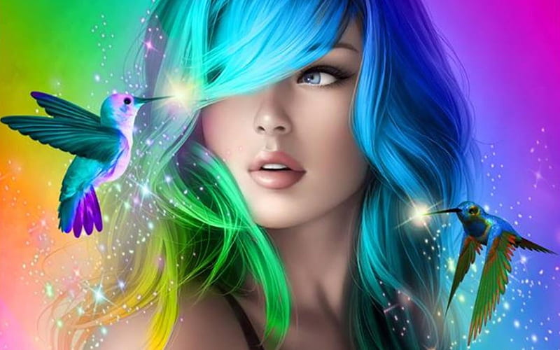 Fantasy Girl, Woman, Rainbow hair, Birdie, Artwork, bonito, Girl, HD wallpaper