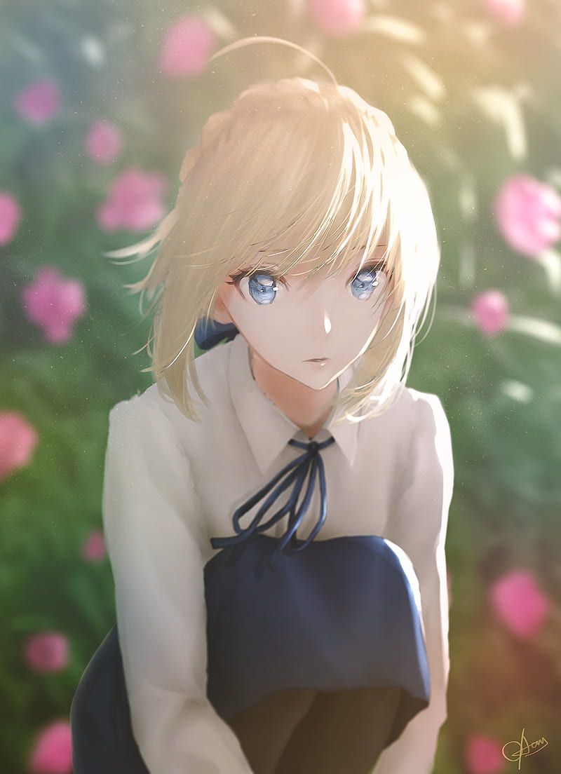 Fate Series, FGO, Fate/Stay Night, anime girls, 2D, vertical, open mouth, long hair, blond hair, looking at viewer, blue eyes, pink roses, Arturia Pendragon, Saber, fan art, HD phone wallpaper