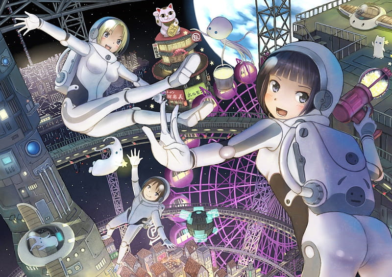 space city, lucky cat, space, anime, manga, astronauts, HD wallpaper