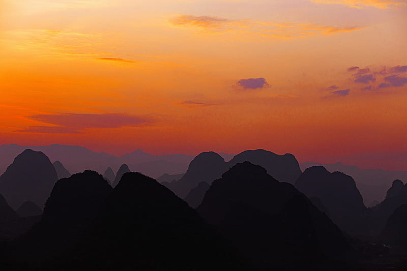 mountains, hills, distance, sunset, sky, HD wallpaper