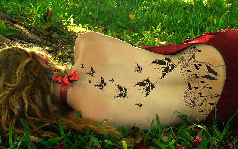 Butterflies, red, grass, tattoo, creative, woman, fantasy, butterfly, girl, green, HD wallpaper