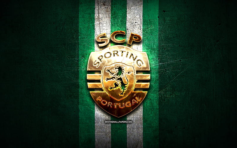 Sporting FC, golden logo, Primeira Liga, green metal background, football, Sporting SP, portuguese football club, Sporting logo, soccer, Portugal, HD wallpaper