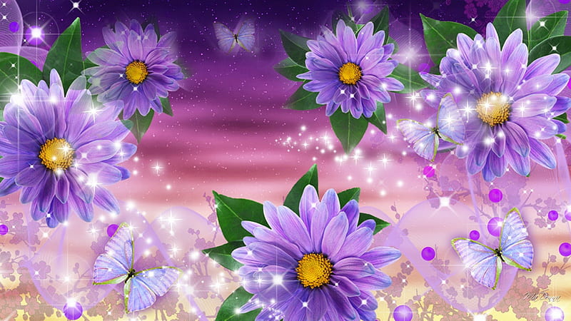 Lavender Gerberas, Gerbera, shine, butterflies, spring, lavender, sparkle, purple, summer, flowers, daisy, HD wallpaper
