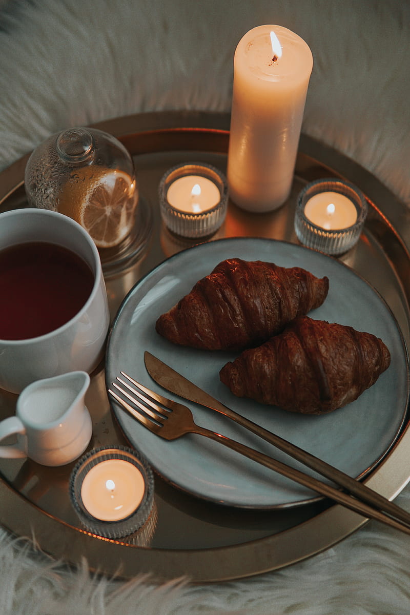 croissants, tea, candles, breakfast, dish, HD phone wallpaper