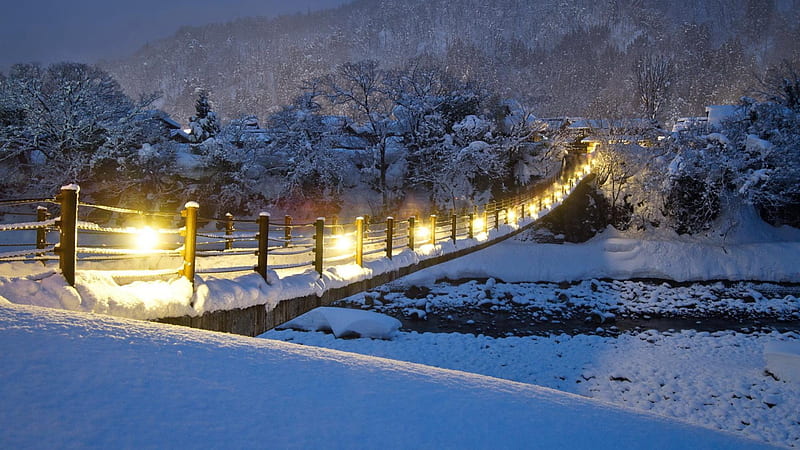 awesome footbridge in winter at night, bridge, river, trees, lights, night, winter, HD wallpaper