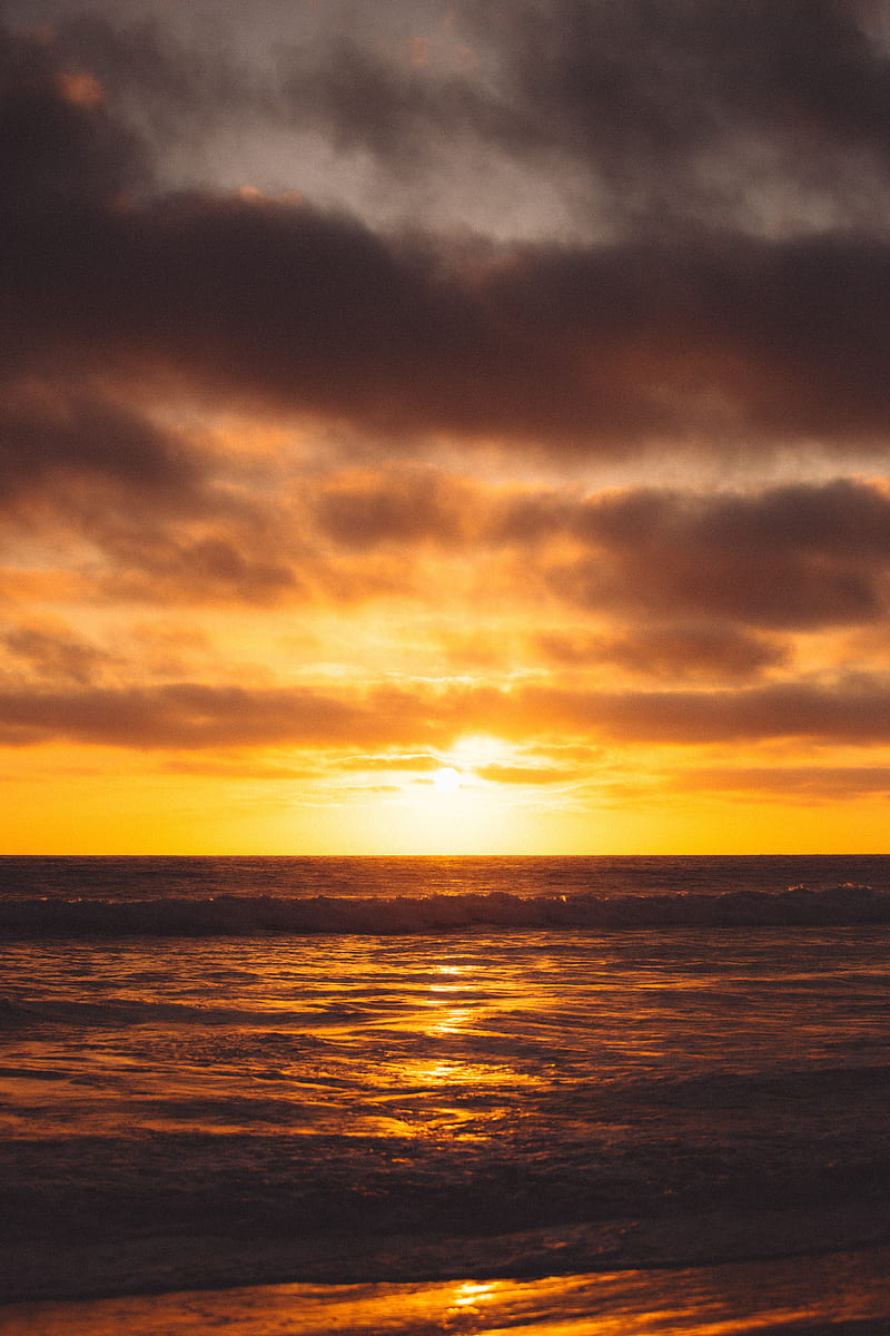 sunset, sun, glare, water, clouds, HD phone wallpaper