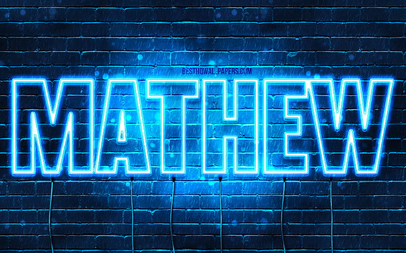 Mathew with names, horizontal text, Mathew name, blue neon lights, with Mathew name, HD wallpaper