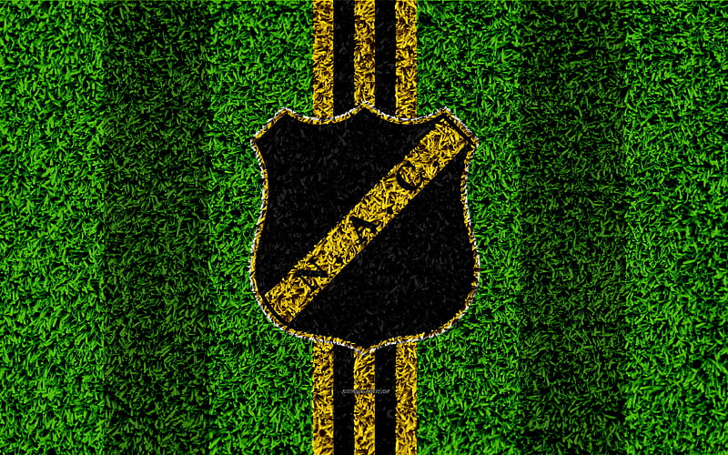 NAC Breda emblem, football lawn, Dutch football club, logo, grass texture, Eredivisie, yellow line black lines, Breda, Netherlands, football, Breda FC, HD wallpaper