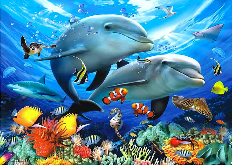 ★Beneath The Waves★, sea life, oceans, scenic, attractions in dreams, most ed, seasons, paintings, dolphins, scenery, animals, underwater, fishes, love four seasons, creative pre-made, paradise, summer, nature, HD wallpaper