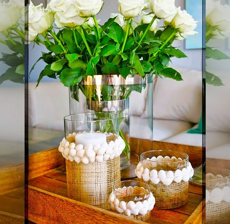 *Arrangement with summer mood*, vase, flowers arrangements, interior design, roses, barnacles, candles, still life, glass, summer, white, HD wallpaper