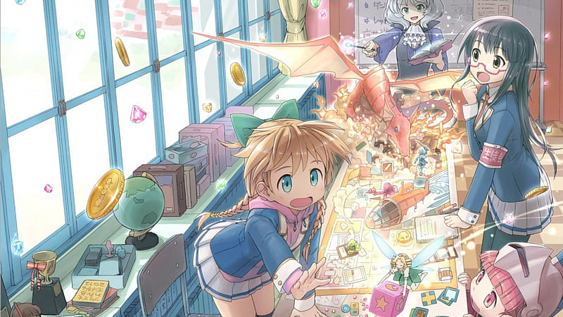 ✨ A Magical Place ✨, wiindow, bread, glasses, dragon, unifrom, yelling, anime, surpised, fairies, mess, girls, blue eyes, fairy, black hair, cuteelemantary schhol, food, brown hair, skirt, cute, school, glass, magcial, screaming, taking, eating, HD wallpaper