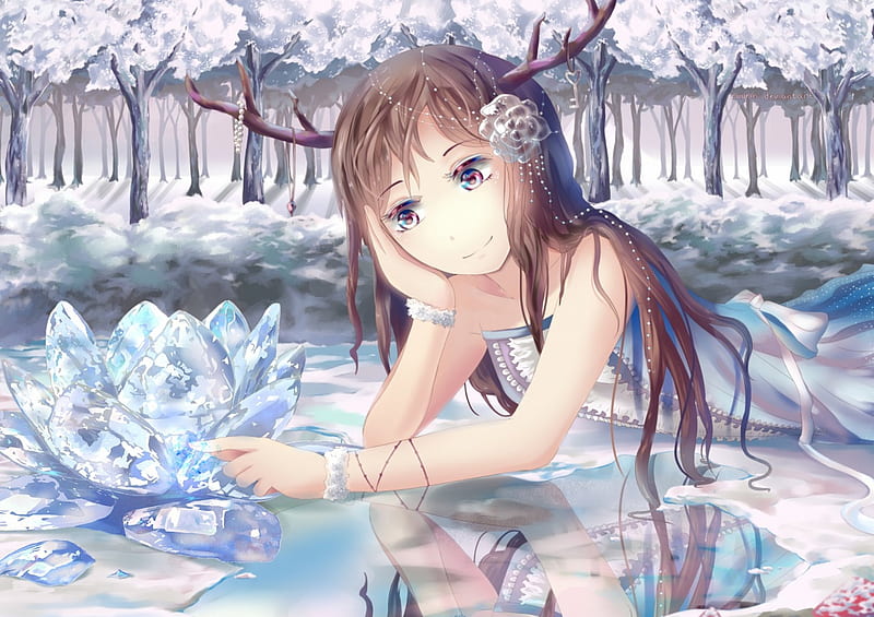 Winter Flower, lotus, dress, floral, anime, hot, anime girl, mirror, reflection, long hair, female, brown hair, water lily, gown, sexy, winter, cute, girl, snow, horn, flower, lily, crystal, HD wallpaper