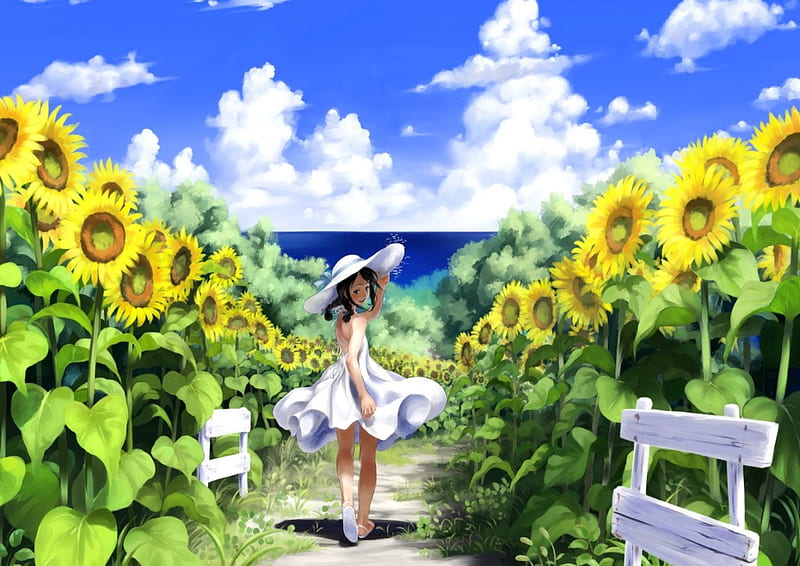 Niña girasol, niña, girasoles, flores, anime, Fondo de pantalla HD | Peakpx