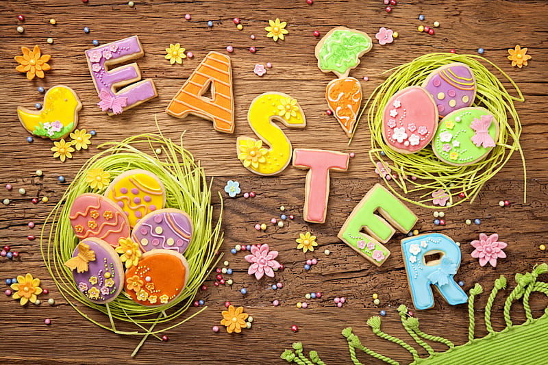 Easter, cookies, glaze, decoration, eggs, flowers, pastel, wood, HD wallpaper