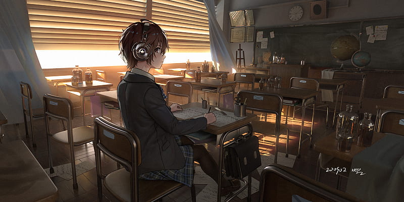 Anime school girl, classroom, headphones, curtains, short hair, Anime, HD  wallpaper | Peakpx