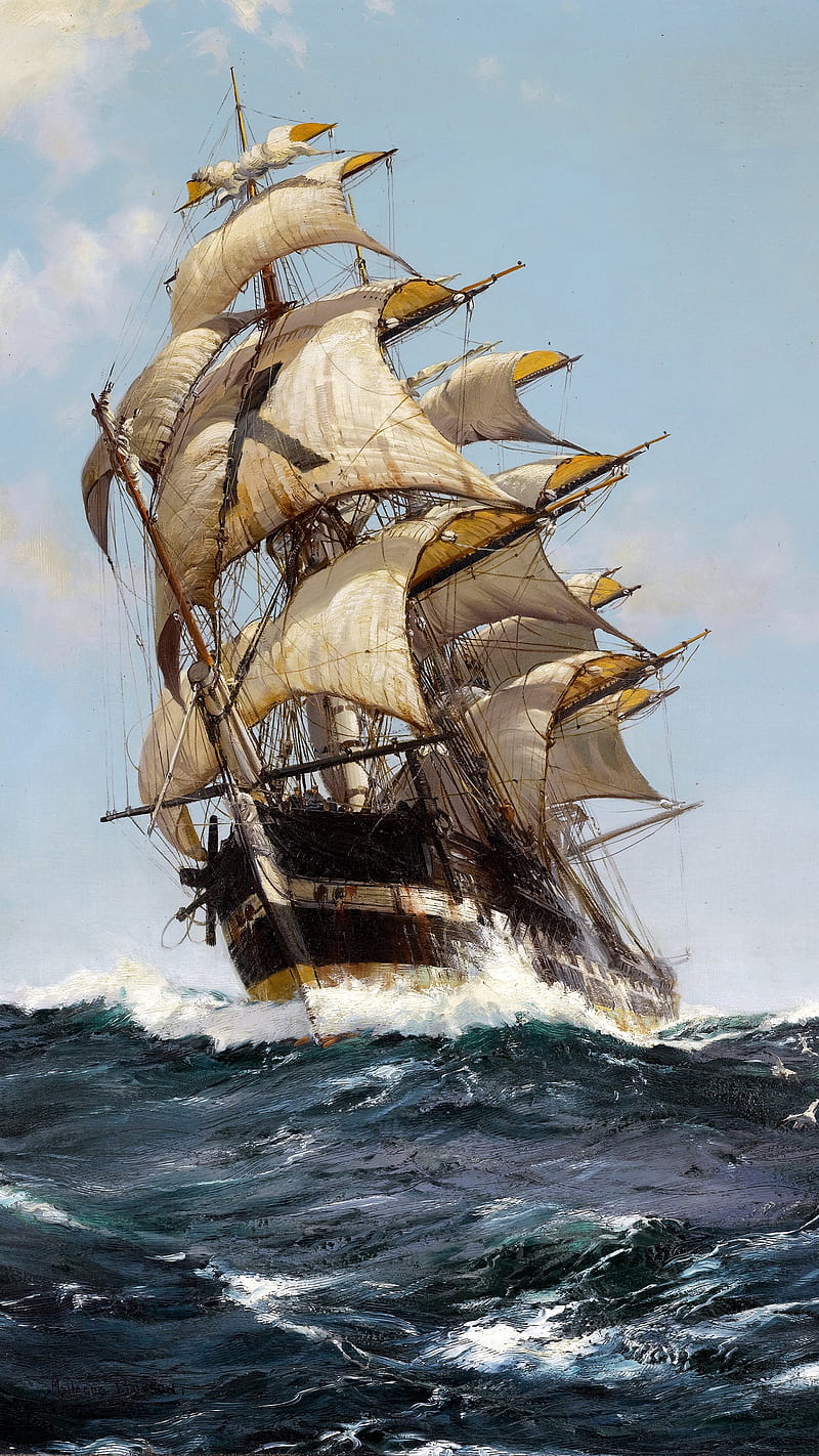 artwork, classic art, painting, sailing ship, portrait display, clouds, sea, waves, sailor, HD phone wallpaper