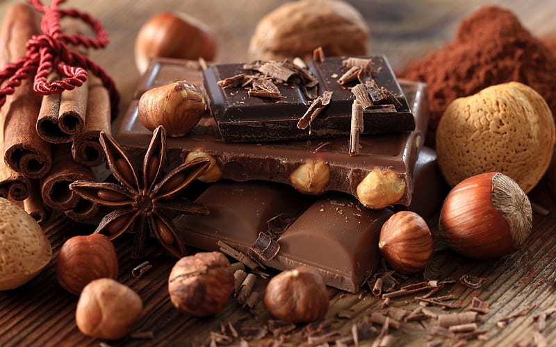 chocolate, hazelnuts, cinnamon, HD wallpaper
