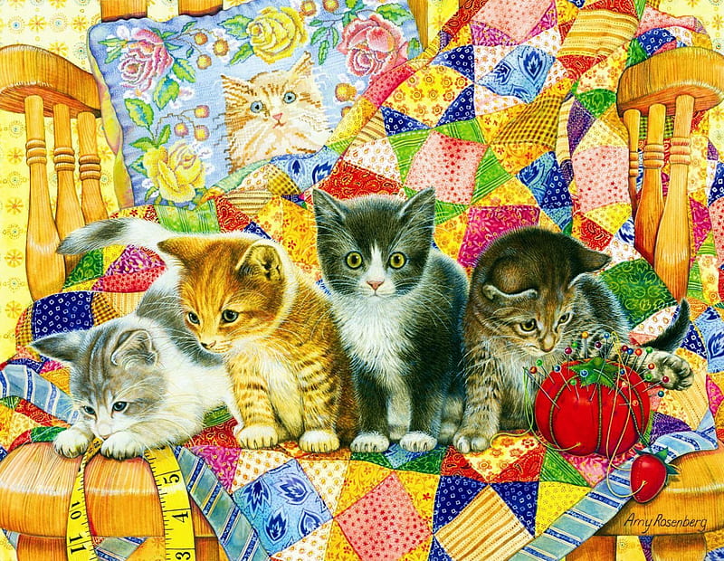Kitten, playful, cats, utensils, artwork, HD wallpaper