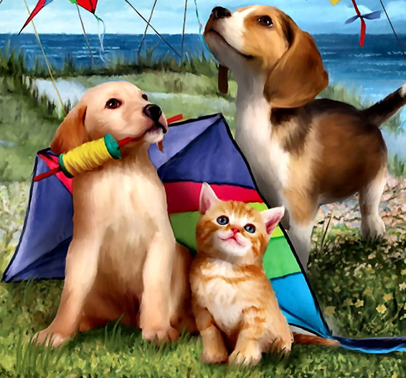 Let's Fly a Kite , art, bonito, cat, pets, artwork, canine, animal, feline, kite, painting, dogs, HD wallpaper
