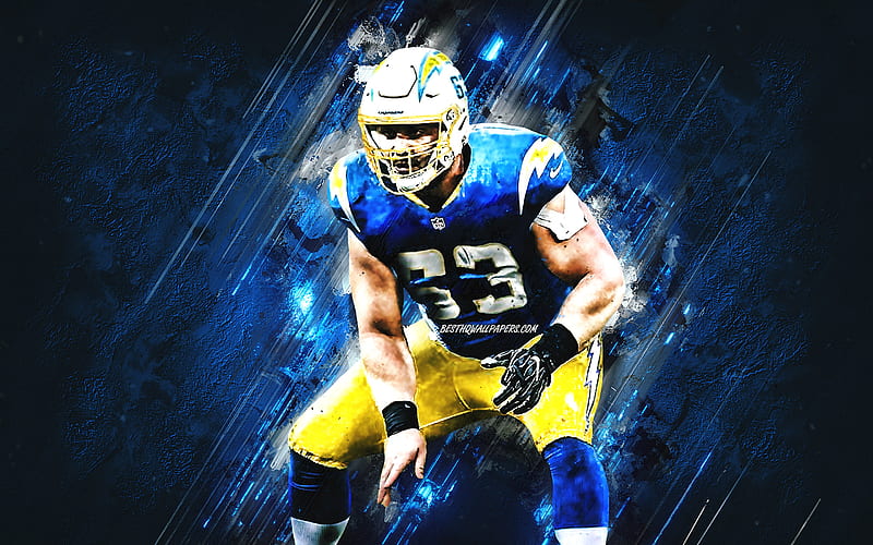Corey Linsley, Los Angeles Chargers, NFL, blue stone background, American football, grunge art, National Football League, HD wallpaper