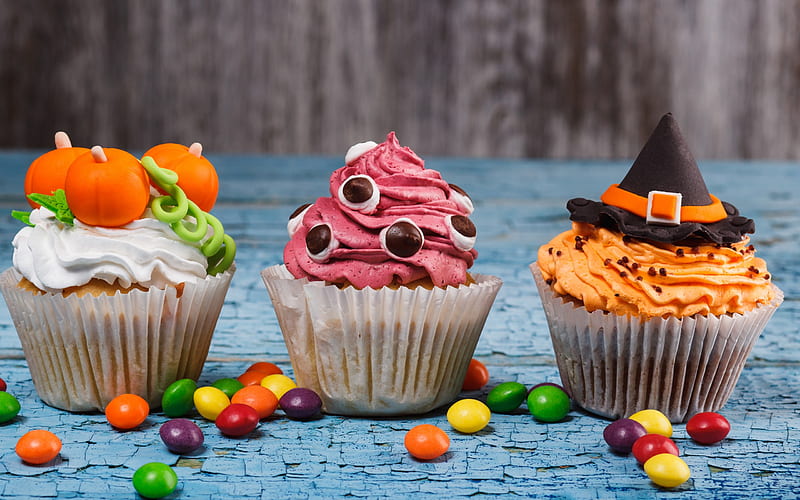 Halloween, cakes, muffins, sweets, autumn holidays, cream, HD wallpaper