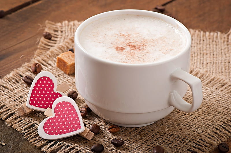 Cup Of Latte With Hearts, table, latte, whip cream, corazones, coffee beans, cup, hot, treat, cream, wood, HD wallpaper