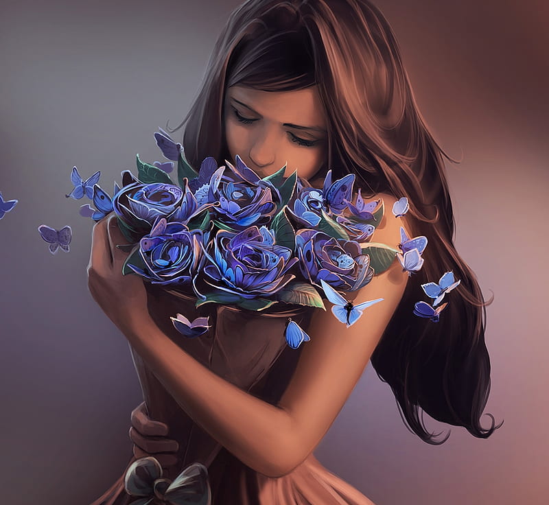 Ephemeral beauty, art, fantasy, aquasixio, luminos, girl, bouquet, flower, blue, HD wallpaper