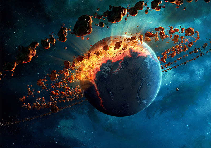 Explosion, fire, fantasy, planet, luminos, erik schumacher, asteroids, blue, HD wallpaper