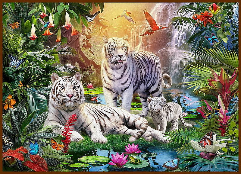 White Tigers, family, painting, jungle, flowers, cubs, parrots, butterflies, artwork, HD wallpaper