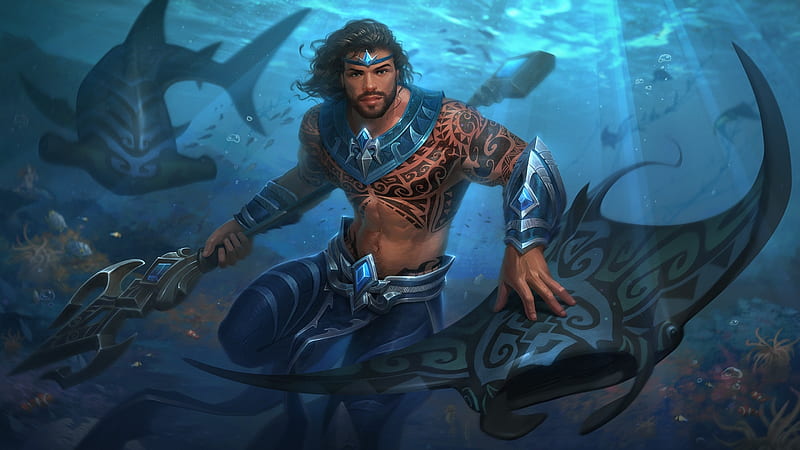 Poseidon, water, fantasy, luminos, smite, game, triton, man, jon neimeister, HD wallpaper