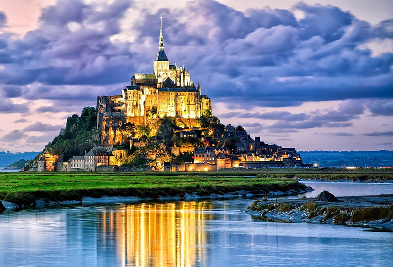 Abbey of Mont Saint-Michel, France, water, houses, nature, reflection, clouds, lake, HD wallpaper