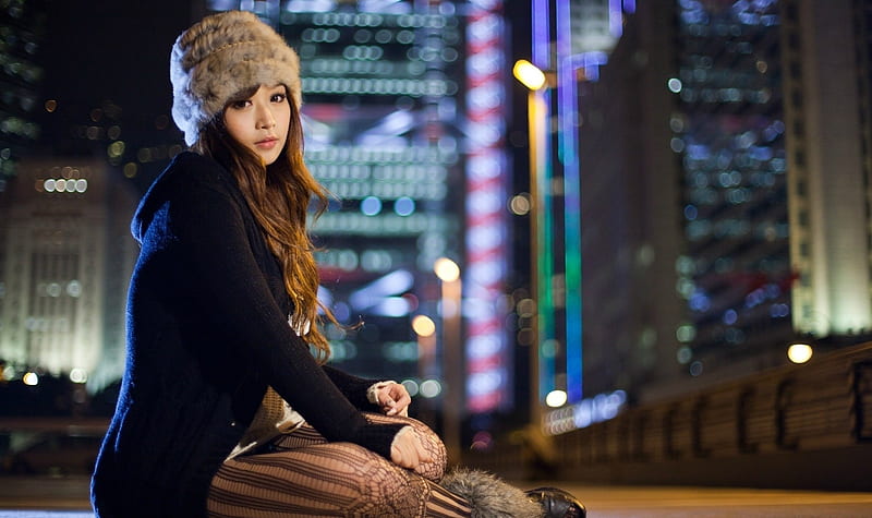 Chloe Yu, pretty, city, girl, asian, lights, cold, HD wallpaper