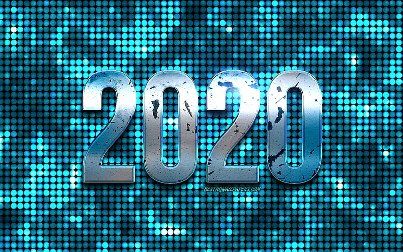 Blue 2020 metal background, blue dot background, 2020 New Year, 2020 concepts, Happy New Year 2020, creative art, blue metal letters, 2020 Neon Background, HD wallpaper
