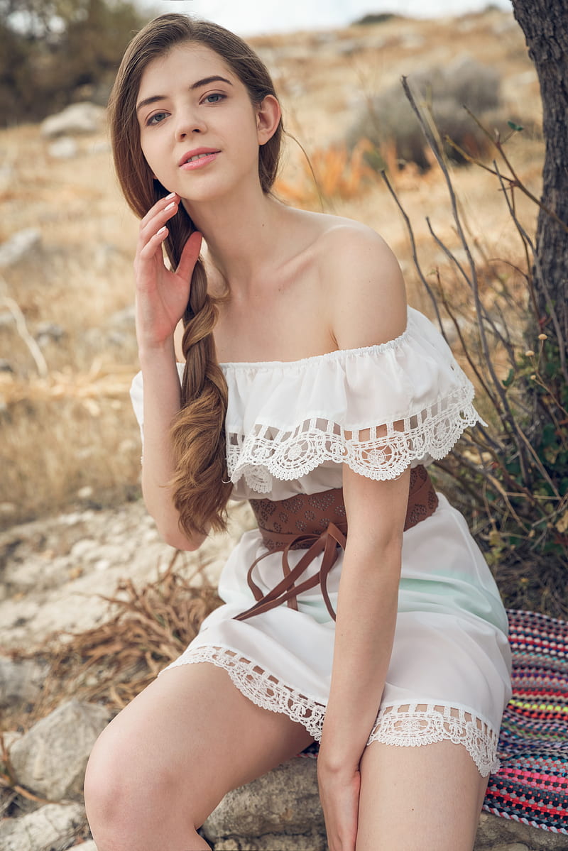 Kay J, model, women outdoors, white dress, bare shoulders, touching face, brunette, brown belt, HD phone wallpaper