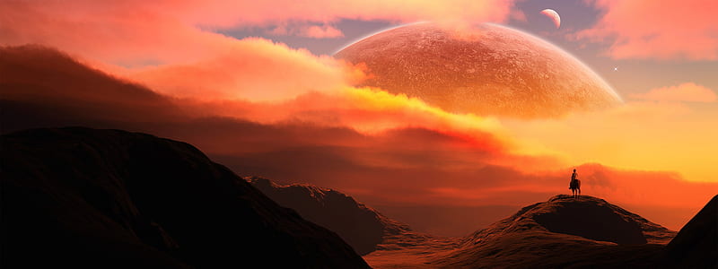 Midway to Arkanon, planets, fantasy, 3d, space, mountains, abstract, horses, HD wallpaper