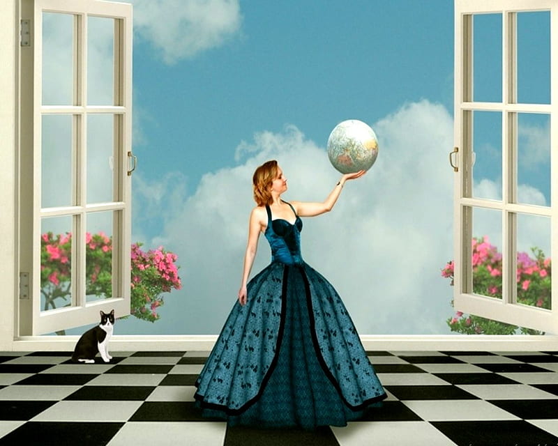 HOLDING EARTH, female, window, flowers, holding, cat, earth, HD wallpaper