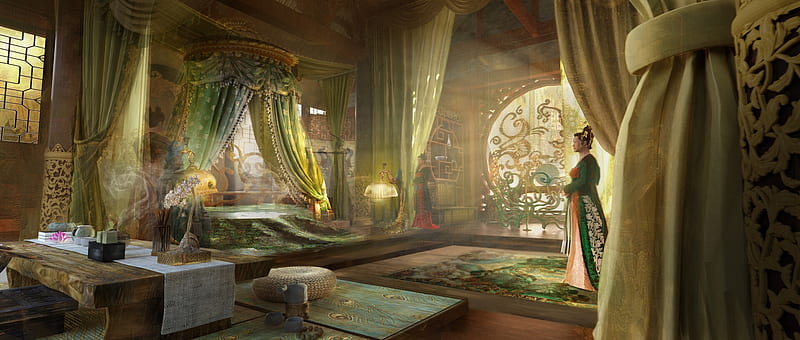 Empress bedroom, art, fantasy, yixin xu, luminos, girl, interior, empress, bedroom, HD wallpaper