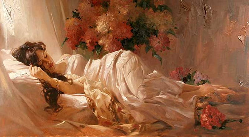 Beautiful Painting, painting, flowers, lady, sleeping, HD wallpaper