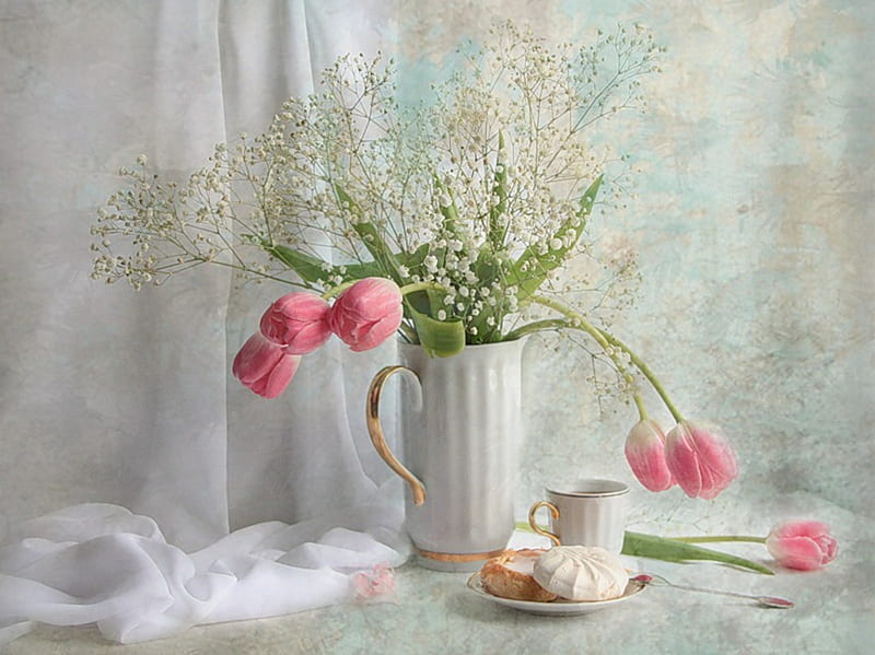 still life, cake, pretty, bonito, gently, tea, elegant, graphy, nice, flowers, drink, beauty, tulips, pink, tulip, harmony lovely, soft, cool, bouquet, cup, flower, kettle, white, HD wallpaper