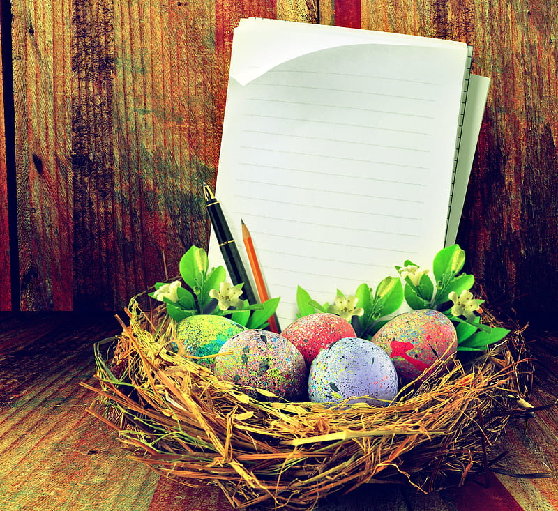 Easter greetings , colorful, holidays, greetings, Easter, basket, love, eggs, paper, letter, HD wallpaper