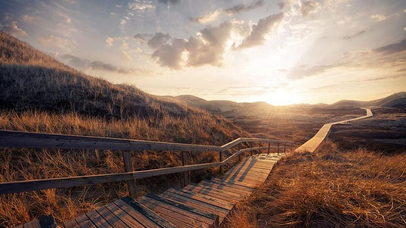 Wooden Pathway, wooden path, mountains, walk, sunrise, sky, run, Firefox Persona theme, HD wallpaper