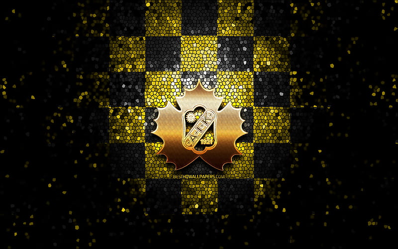 Skelleftea AIK, glitter logo, SHL, yellow black checkered background, hockey, swedish hockey team, Skelleftea AIK logo, mosaic art, swedish hockey league, HD wallpaper