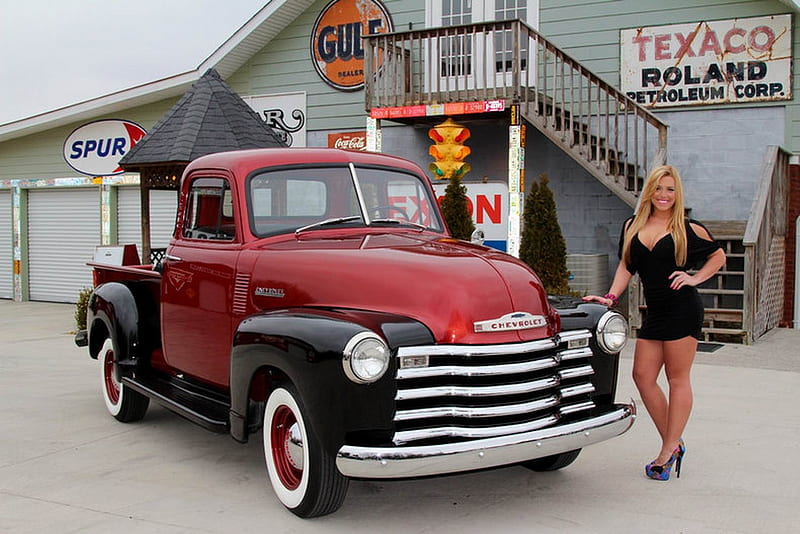 1951 Chevy 3100 255 I6 3-Speed and Girl, 3-Speed, Old-Timer, Truck, Chevy, Girl, 255, 3100, I6, HD wallpaper
