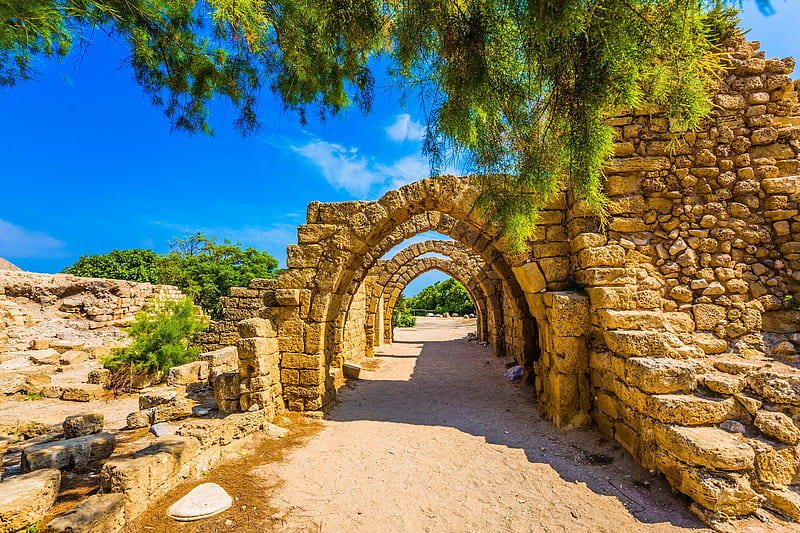 que ruins of the ancient seaport Caesarea, stones, ancient, arch, town, seaport, ruins, bonito, sky, dque, HD wallpaper
