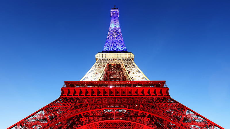 Paris Eiffel Tower With Blue White And Red Lights Upward View With Blue Sky Background Travel, HD wallpaper