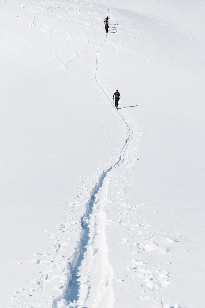 skiers, mountain, snow, path, HD phone wallpaper