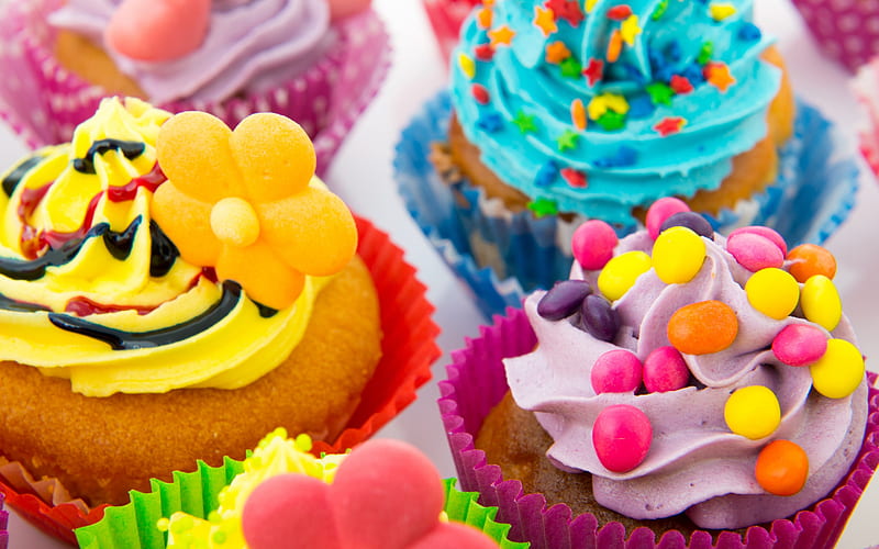 muffins, sweets, baked goods, muffins with colorful cream, purple cream, yellow cream, HD wallpaper