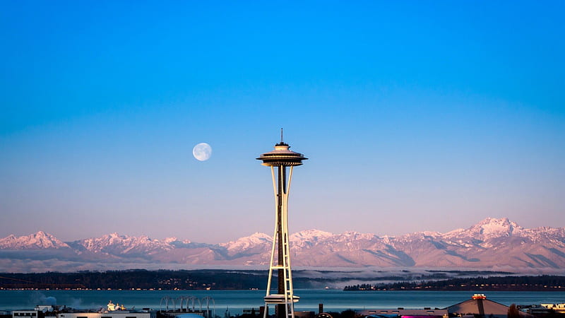 Lunar Seattle, Cityscapes, Sky, Moons, Towers, Nature, HD wallpaper