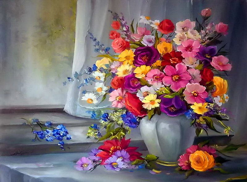 Still life, pretty, colorful, vase, bonito, leaves, nice, flowers, room, tender, table, lovely, fresh, spring, delicate, freshness, summer, petals, HD wallpaper