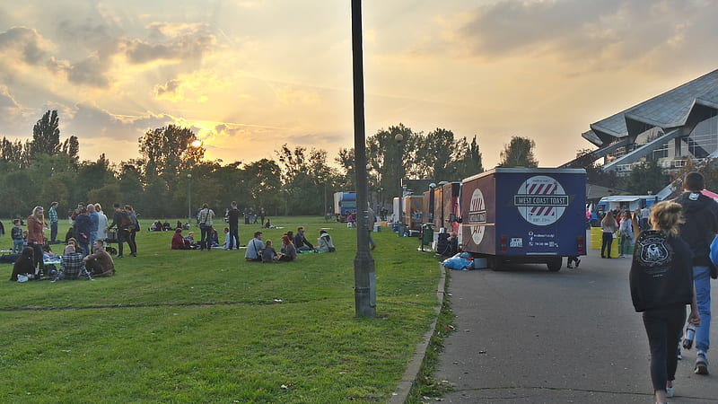 Arena Poznań, trucks, grass, food, field, HD wallpaper